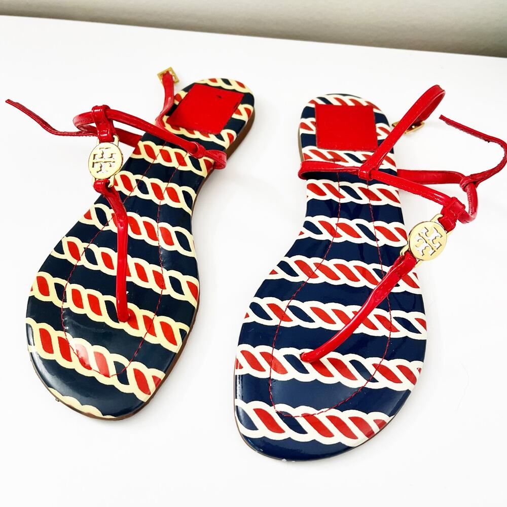 Tory Burch Emmy Red White & Blue Patent T-Strap Thong Sandals Shoes Size 6